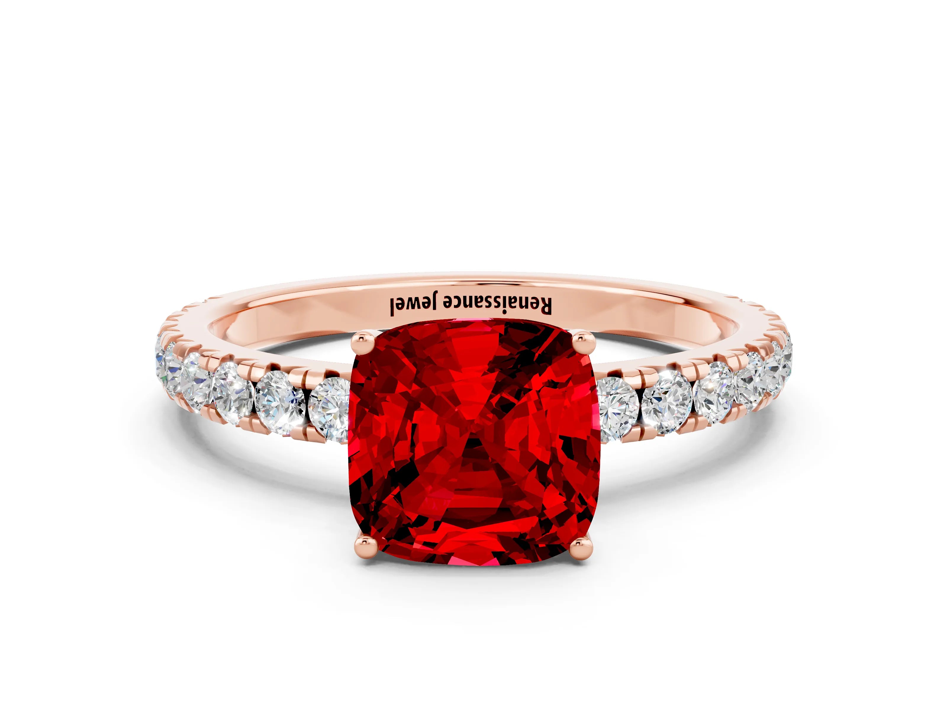 Rose gold Cushion Cut Ruby Pavé Solitaire Engagement Ring with Four-Prong Setting_12
