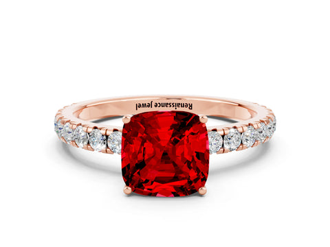 Rose gold Cushion Cut Ruby Pavé Solitaire Engagement Ring with Four-Prong Setting_12