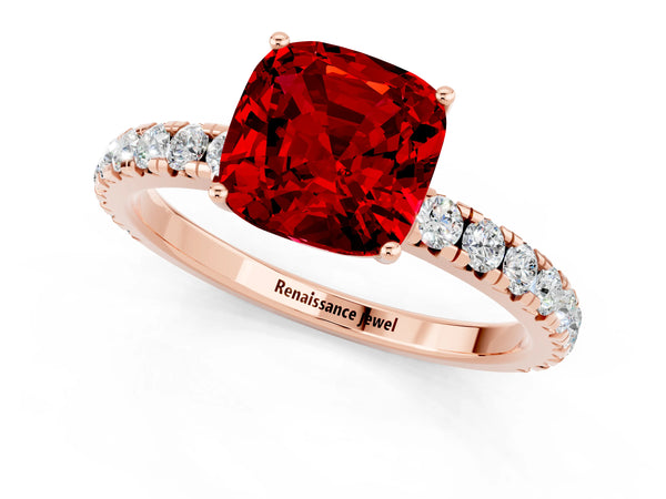 Rose gold Cushion Cut Ruby Pavé Solitaire Engagement Ring with Four-Prong Setting