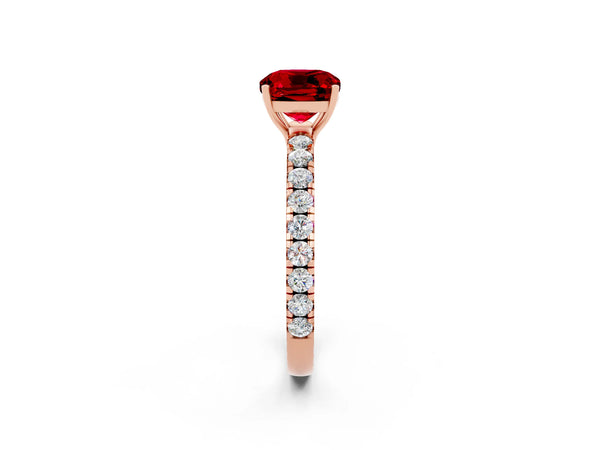 Rose gold Cushion Cut Ruby Pavé Solitaire Engagement Ring with Four-Prong Setting