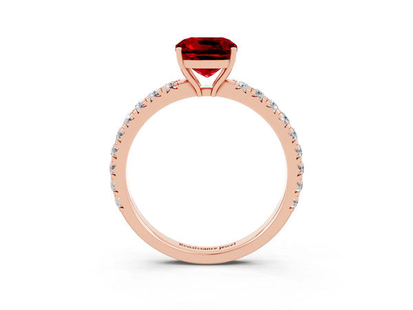 Rose gold Cushion Cut Ruby Pavé Solitaire Engagement Ring with Four-Prong Setting