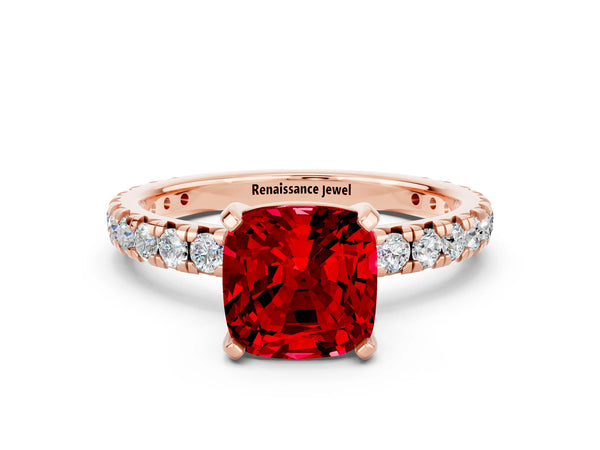 Rose gold Cushion Cut Ruby Pavé Solitaire Ring with Round Band and Prong Setting