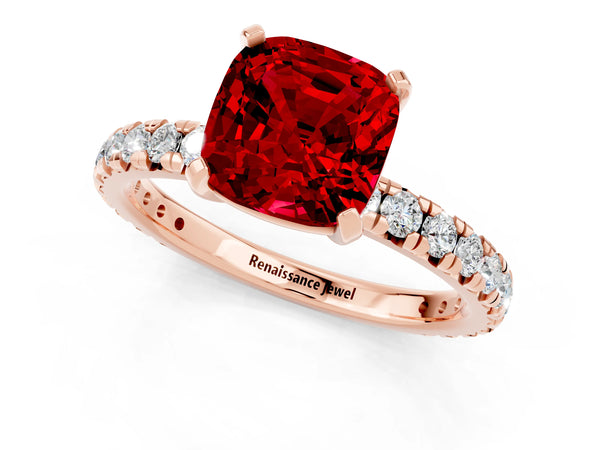 Rose gold Cushion Cut Ruby Pavé Solitaire Ring with Round Band and Prong Setting