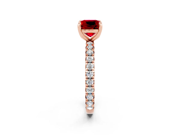 Rose gold Cushion Cut Ruby Pavé Solitaire Ring with Round Band and Prong Setting