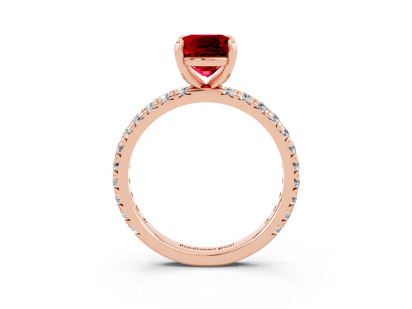 Rose gold Cushion Cut Ruby Pavé Solitaire Ring with Round Band and Prong Setting