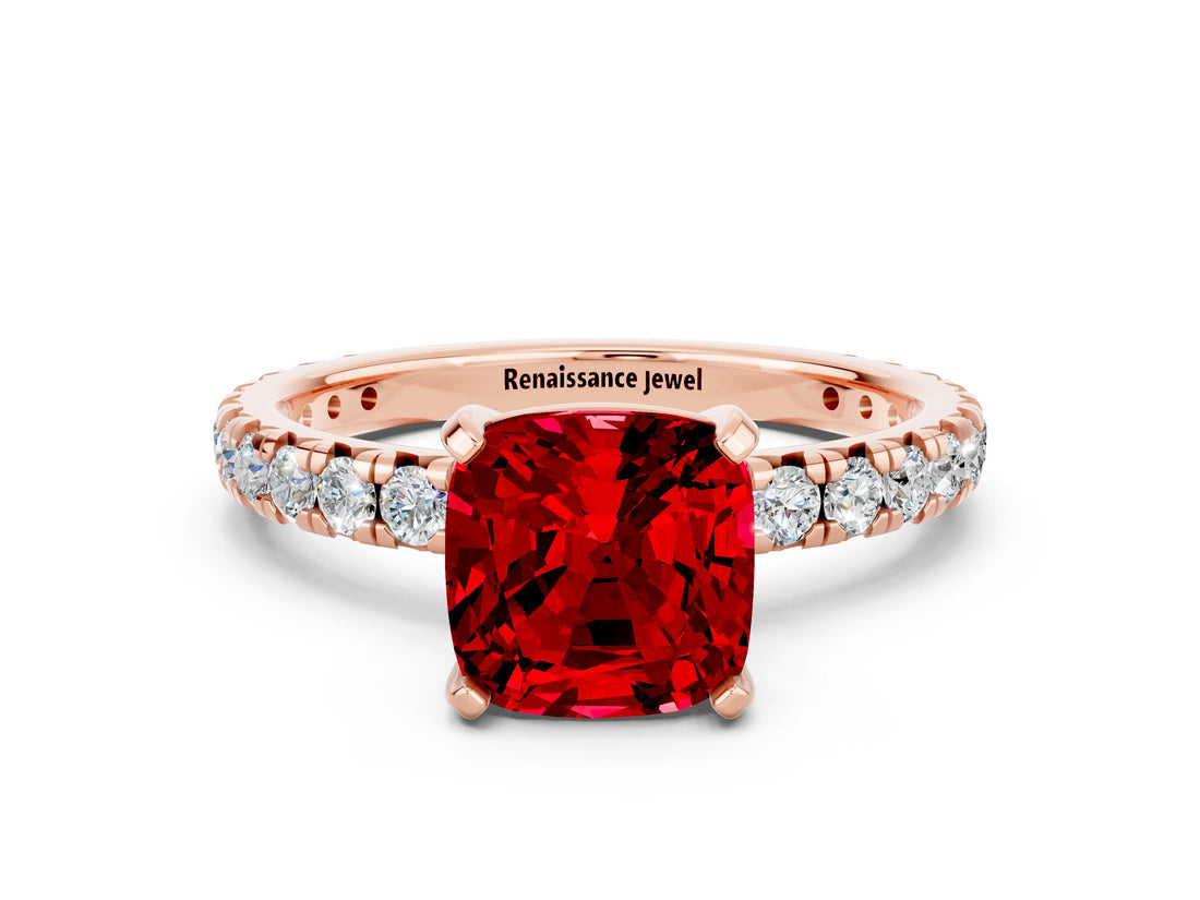 Rose gold Cushion Cut Ruby Pavé Solitaire Ring with Round Band and Prong Setting_24
