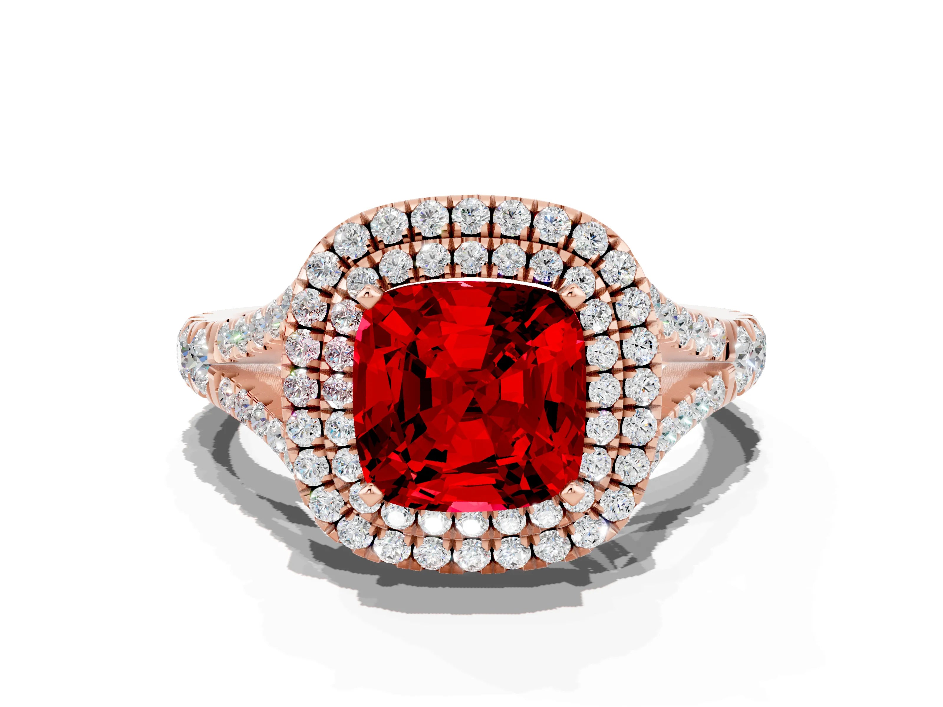 Rose gold Cushion Cut Ruby Pavé Split Shank Double Halo Engagement Ring