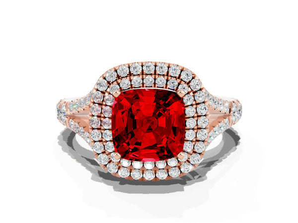 Rose gold Cushion Cut Ruby Pavé Split Shank Double Halo Engagement Ring