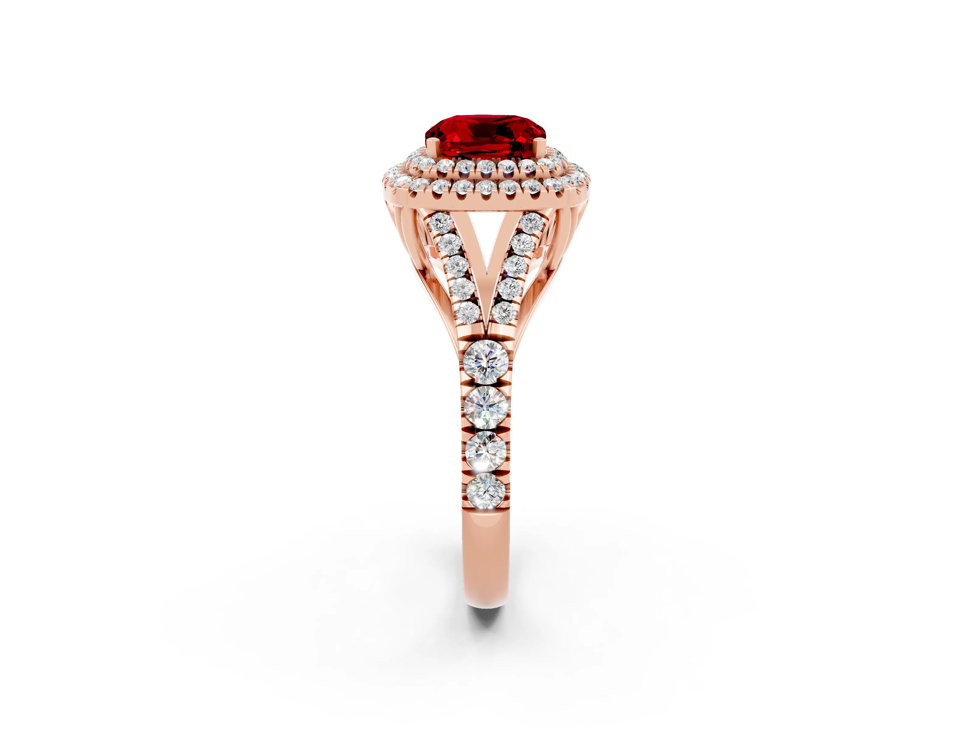 Rose gold Cushion Cut Ruby Pavé Split Shank Double Halo Engagement Ring_2