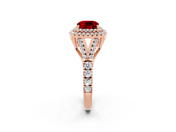 Rose gold Cushion Cut Ruby Pavé Split Shank Double Halo Engagement Ring