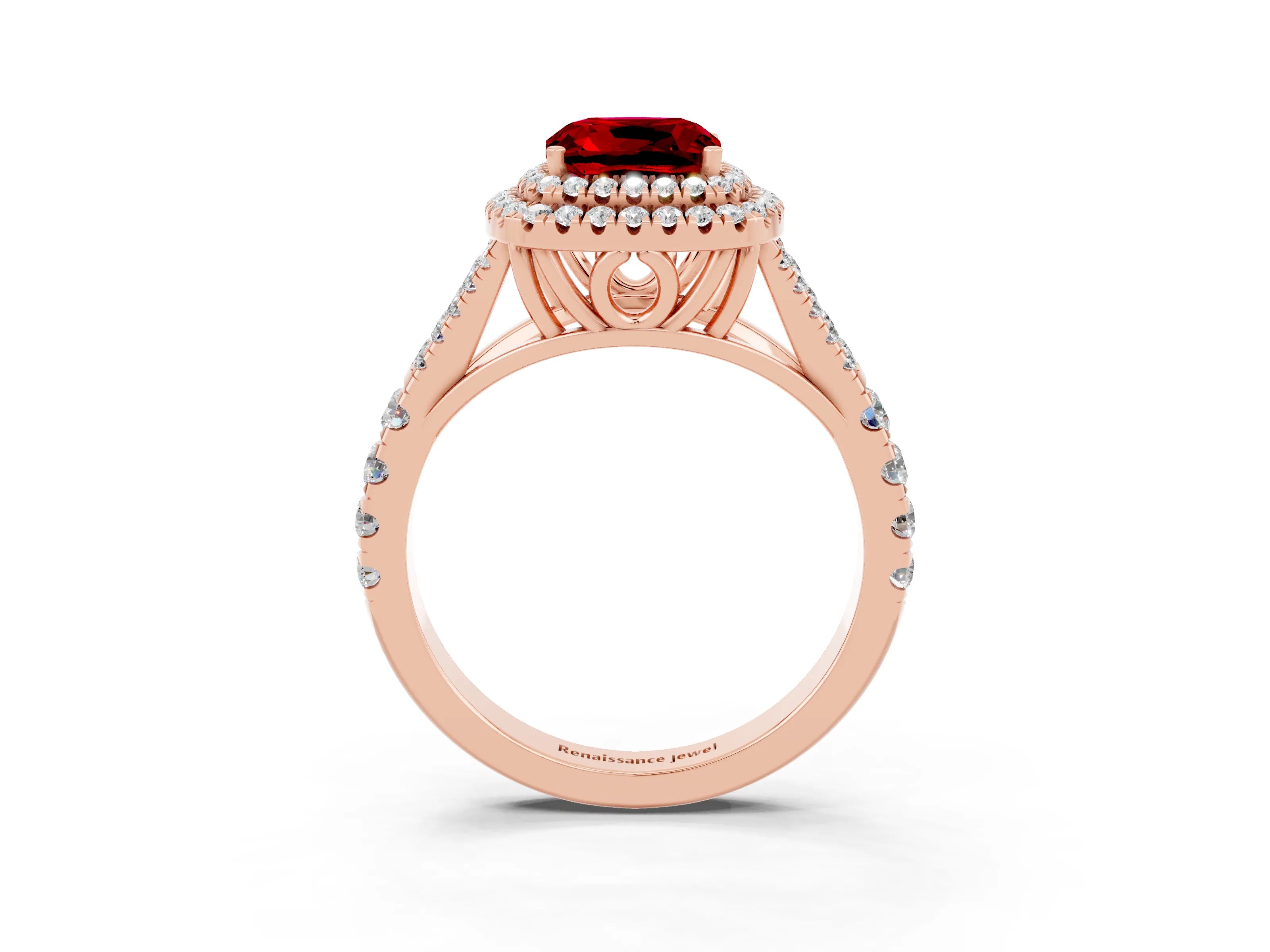 Rose gold Cushion Cut Ruby Pavé Split Shank Double Halo Engagement Ring_3