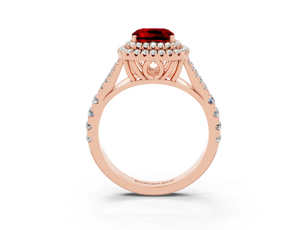 Rose gold Cushion Cut Ruby Pavé Split Shank Double Halo Engagement Ring