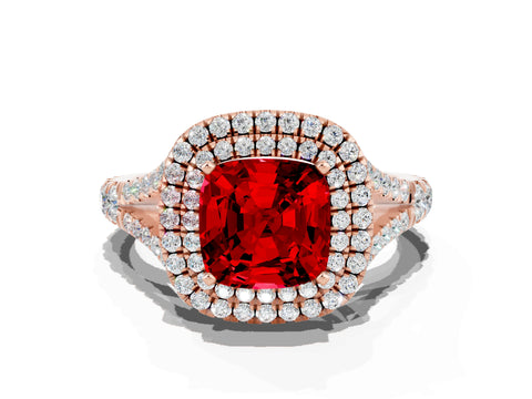 Rose gold Cushion Cut Ruby Pavé Split Shank Double Halo Engagement Ring