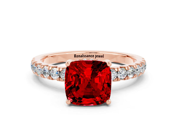 Rose gold Cushion Cut Ruby Pave Band Solitaire Ring with Round  and Prong Setting