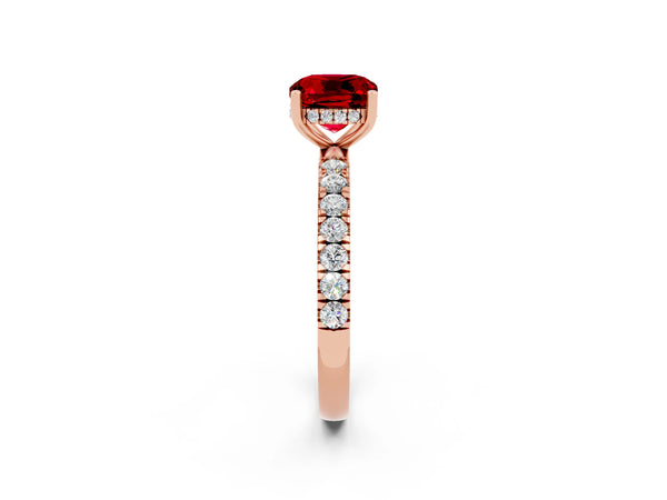 Rose gold Cushion Cut Ruby Pave Band Solitaire Ring with Round  and Prong Setting