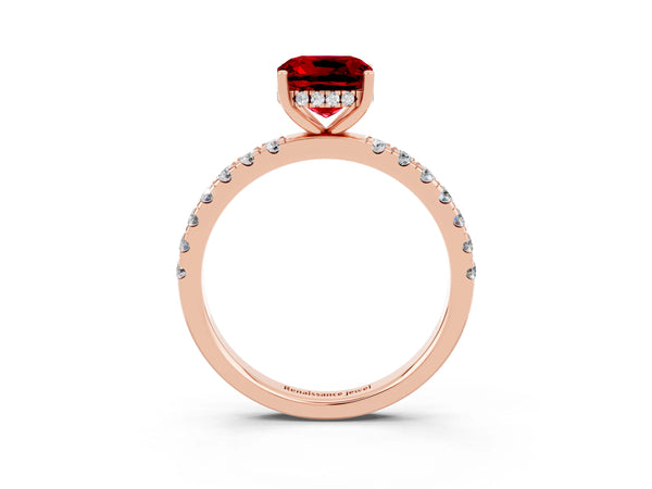 Rose gold Cushion Cut Ruby Pave Band Solitaire Ring with Round  and Prong Setting