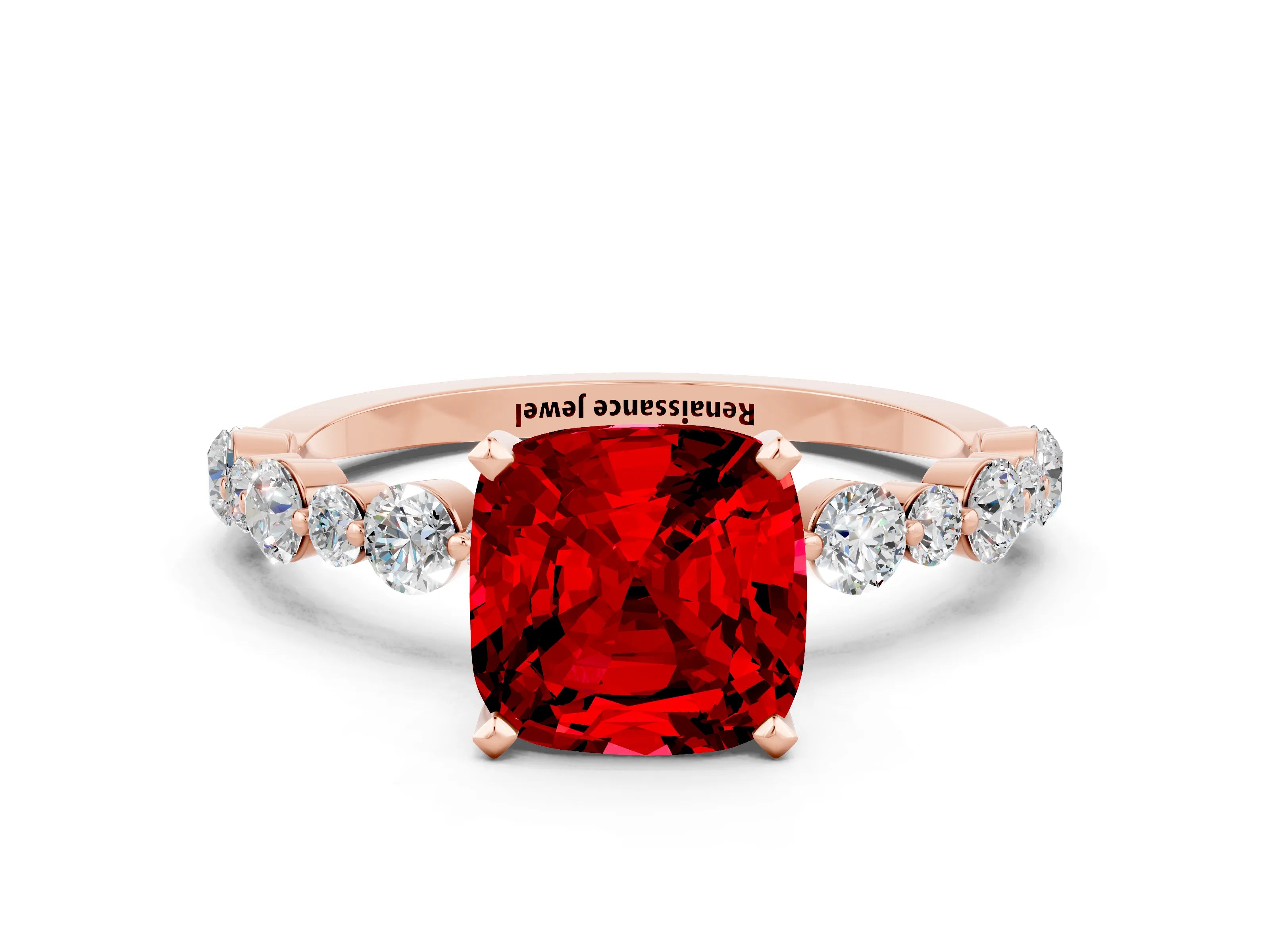 Rose gold Cushion Cut Ruby Prong Set Engagement Ring with Pavé Band