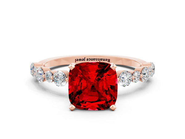 Rose gold Cushion Cut Ruby Prong Set Engagement Ring with Pavé Band