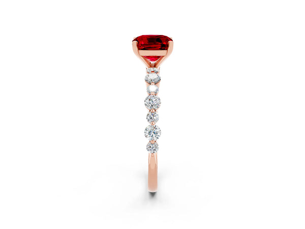 Rose gold Cushion Cut Ruby Prong Set Engagement Ring with Pavé Band