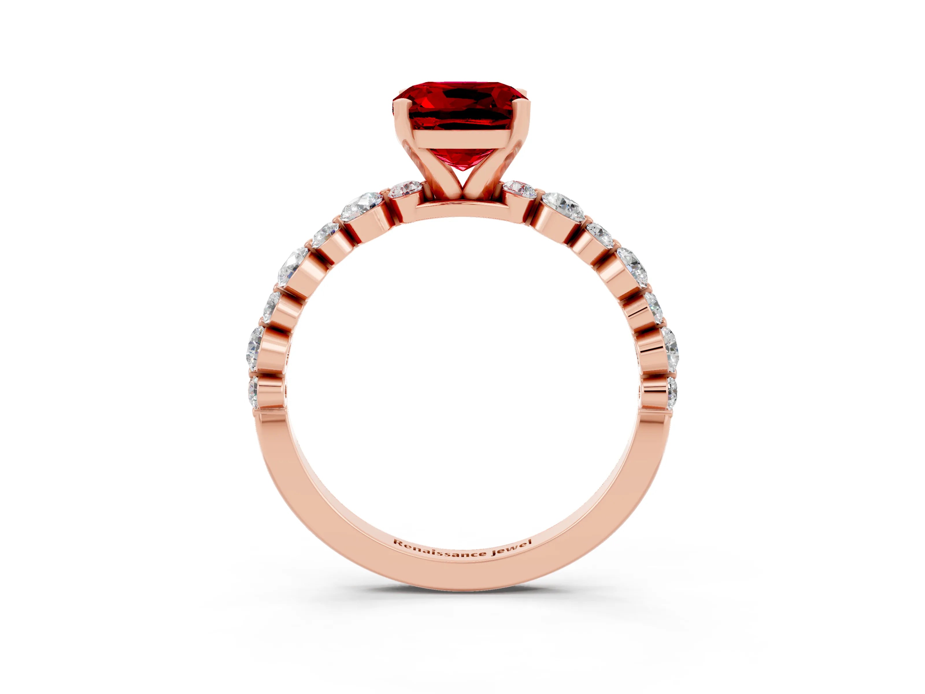 Rose gold Cushion Cut Ruby Prong Set Engagement Ring with Pavé Band_3
