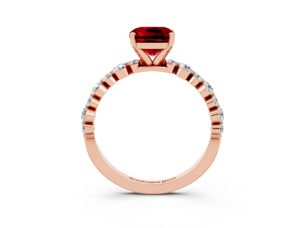Rose gold Cushion Cut Ruby Prong Set Engagement Ring with Pavé Band