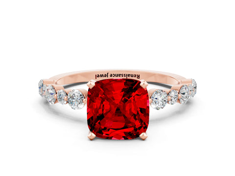 Rose gold Cushion Cut Ruby Prong Set Engagement Ring with Pavé Band