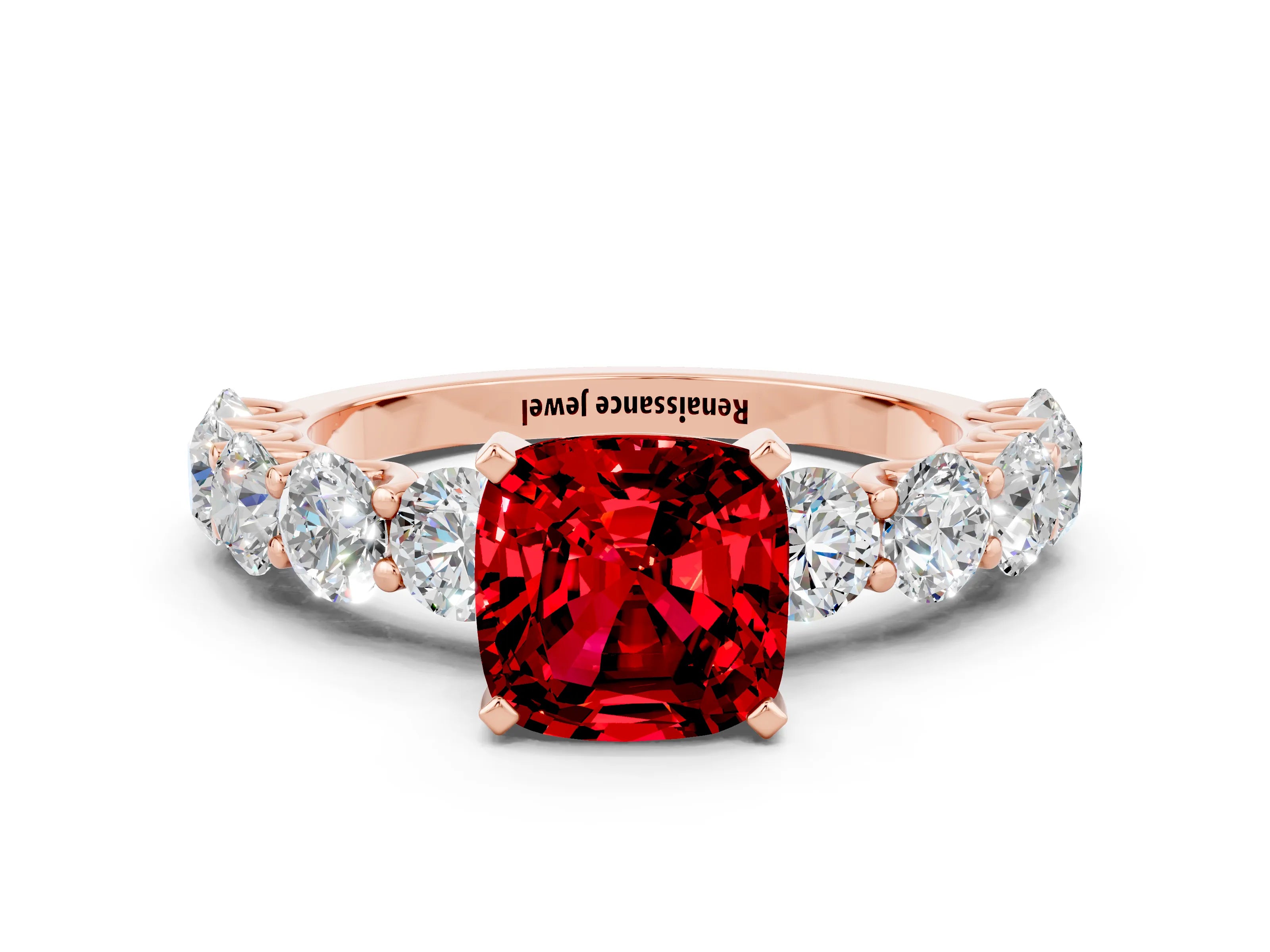 Rose gold Cushion Cut Ruby Prong Setting with Side Stones on a Pave Band