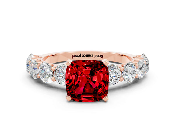 Rose gold Cushion Cut Ruby Prong Setting with Side Stones on a Pave Band