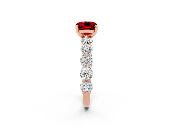 Rose gold Cushion Cut Ruby Prong Setting with Side Stones on a Pave Band