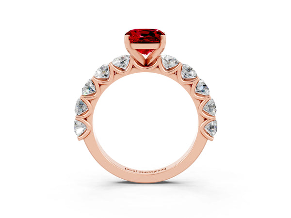 Rose gold Cushion Cut Ruby Prong Setting with Side Stones on a Pave Band