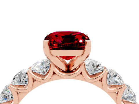 Rose gold Cushion Cut Ruby Prong Setting with Side Stones on a Pave Band_4