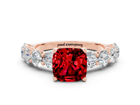 Rose gold Cushion Cut Ruby Prong Setting with Side Stones on a Pave Band