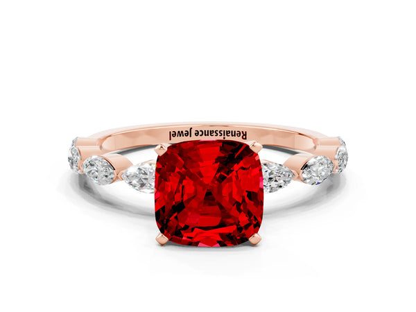 Rose gold Cushion Cut Ruby Ring with Marquise Side Stones and Prong Setting