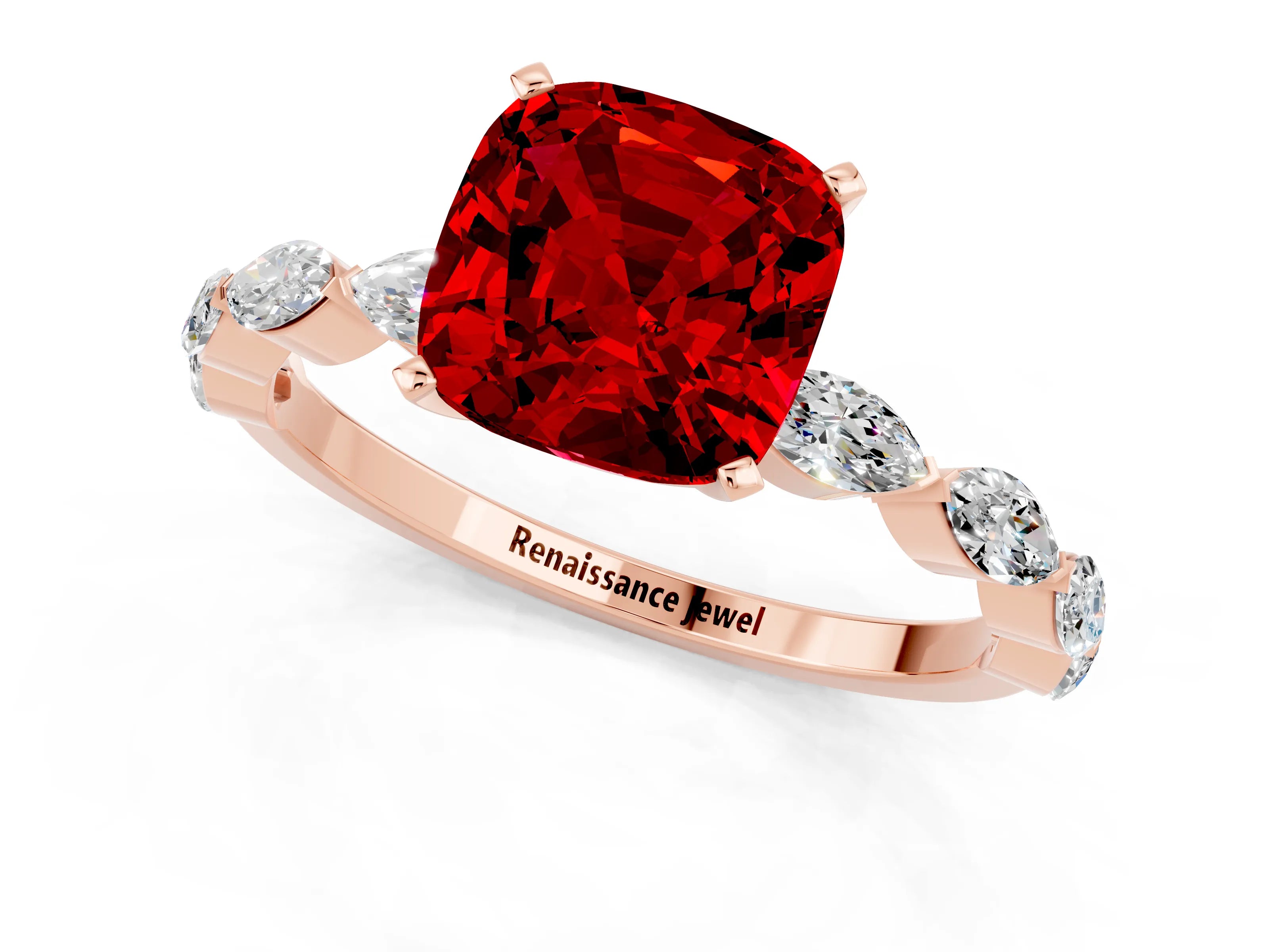 Rose gold Cushion Cut Ruby Ring with Marquise Side Stones and Prong Setting_1