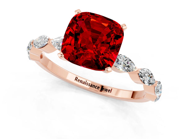 Rose gold Cushion Cut Ruby Ring with Marquise Side Stones and Prong Setting