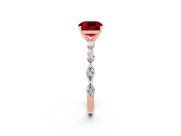 Rose gold Cushion Cut Ruby Ring with Marquise Side Stones and Prong Setting