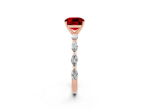 Rose gold Cushion Cut Ruby Ring with Marquise Side Stones and Prong Setting_2