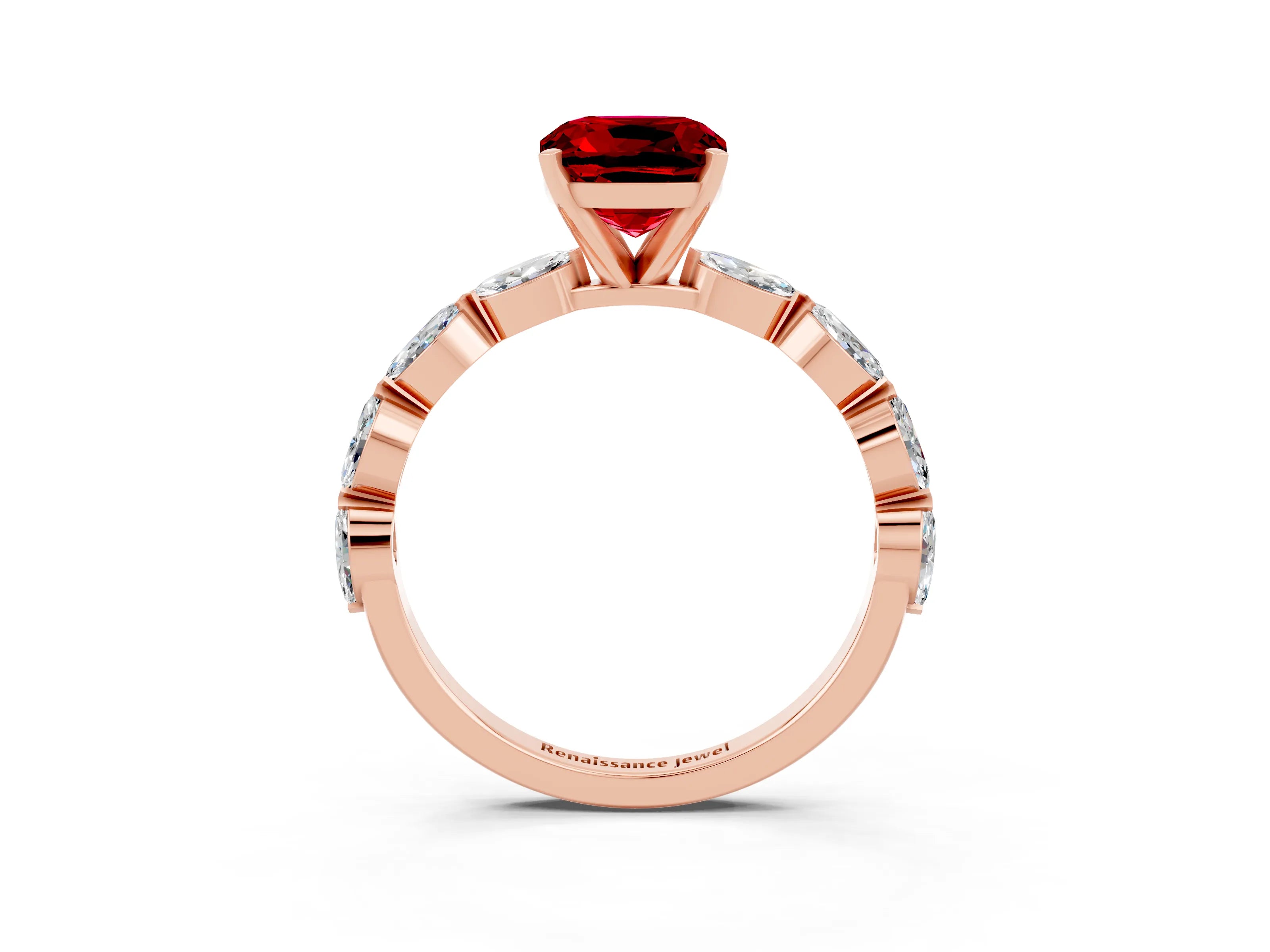 Rose gold Cushion Cut Ruby Ring with Marquise Side Stones and Prong Setting_3