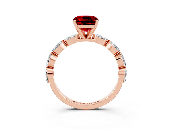 Rose gold Cushion Cut Ruby Ring with Marquise Side Stones and Prong Setting