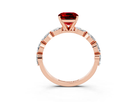 Rose gold Cushion Cut Ruby Ring with Marquise Side Stones and Prong Setting_3