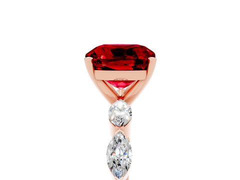Rose gold Cushion Cut Ruby Ring with Marquise Side Stones and Prong Setting_5