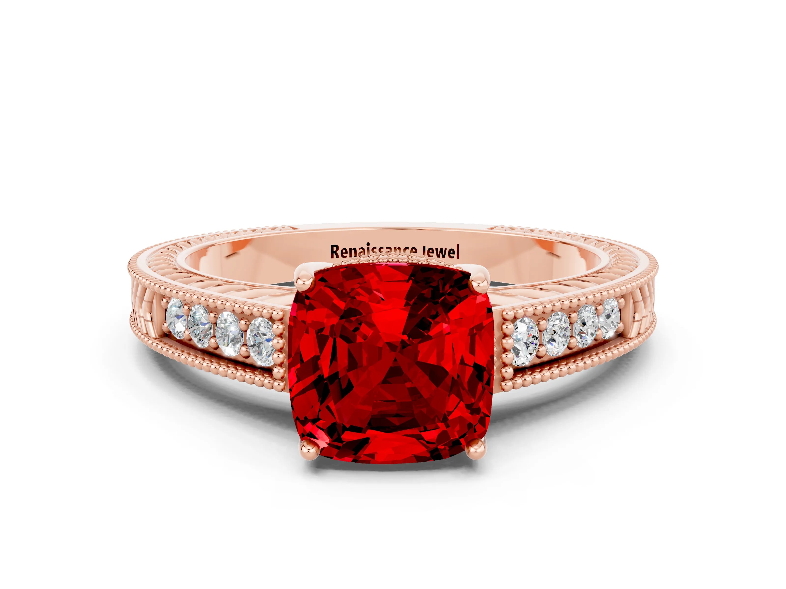 Rose gold Cushion Cut Ruby Ring with Milgrain Pavé Band and Four-Prong Setting_12