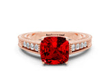 Rose gold Cushion Cut Ruby Ring with Milgrain Pavé Band and Four-Prong Setting_12