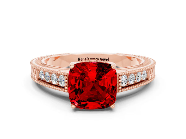 Rose gold Cushion Cut Ruby Ring with Milgrain Pavé Band and Four-Prong Setting