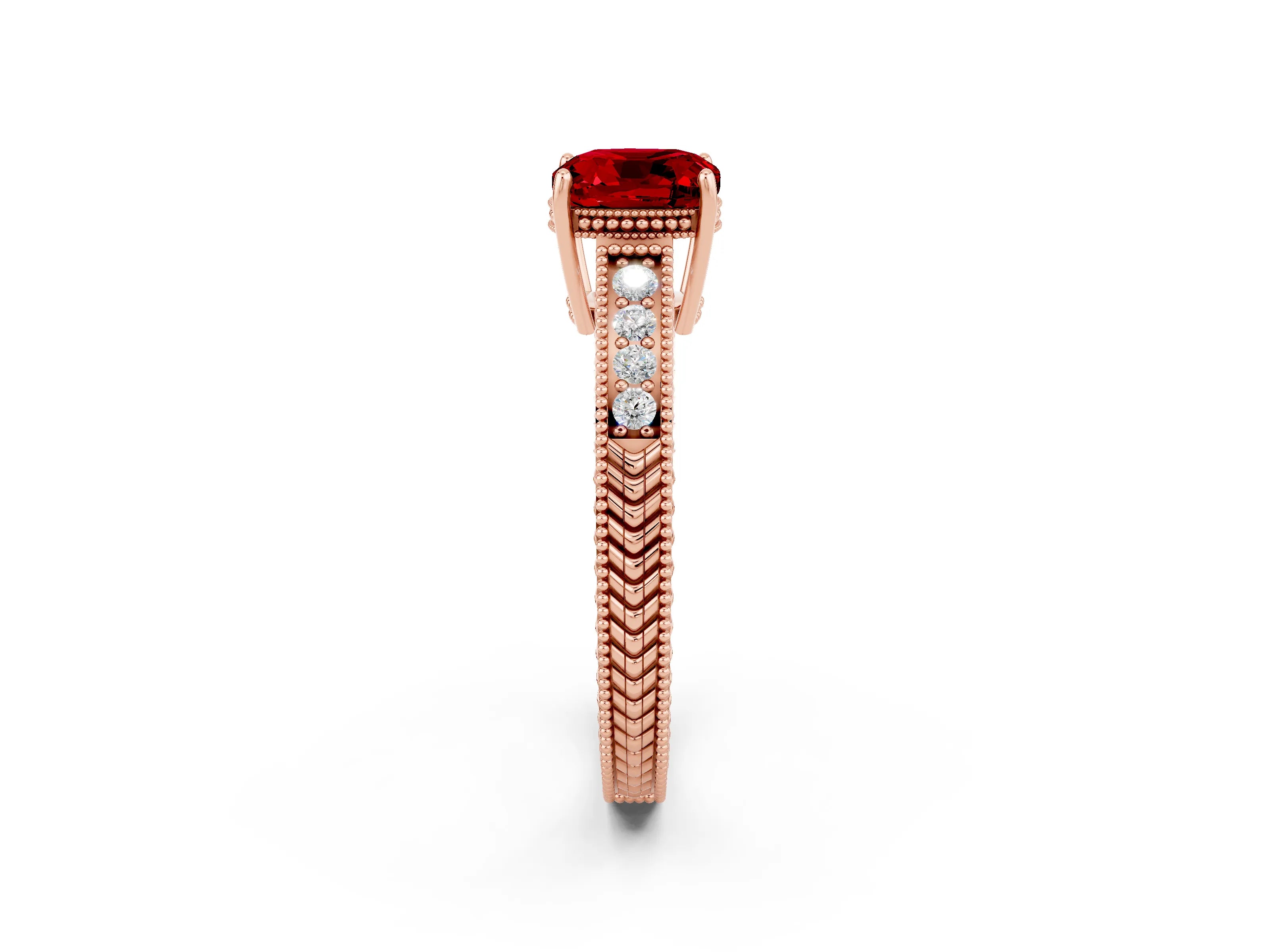 Rose gold Cushion Cut Ruby Ring with Milgrain Pavé Band and Four-Prong Setting_14