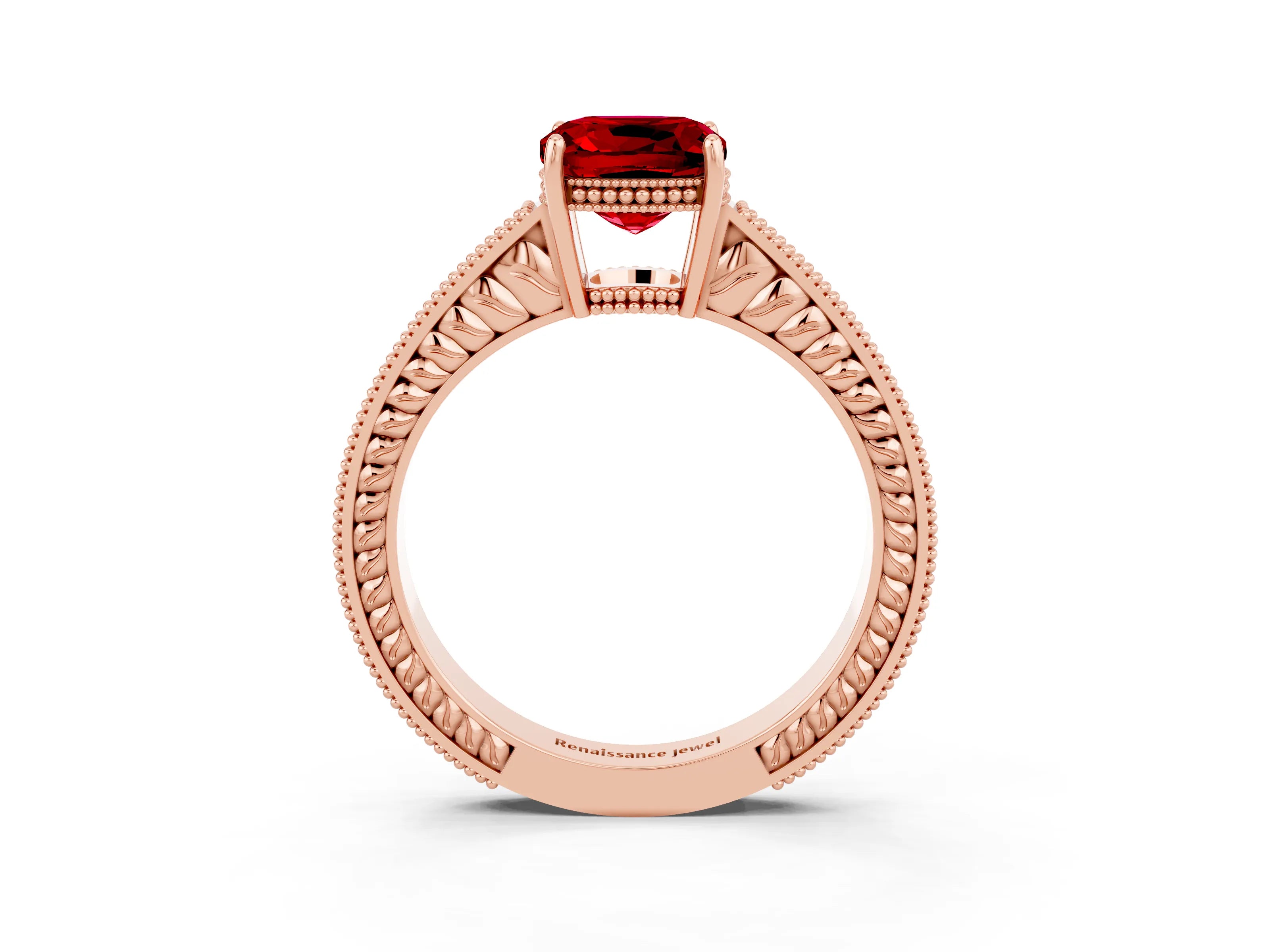 Rose gold Cushion Cut Ruby Ring with Milgrain Pavé Band and Four-Prong Setting_15