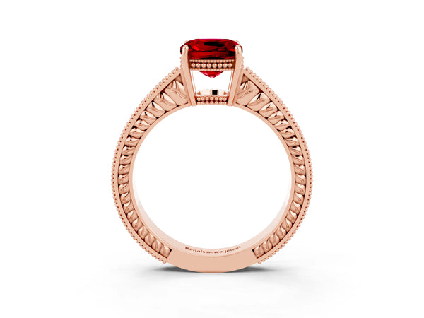 Rose gold Cushion Cut Ruby Ring with Milgrain Pavé Band and Four-Prong Setting