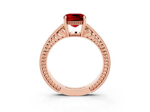 Rose gold Cushion Cut Ruby Ring with Milgrain Pavé Band and Four-Prong Setting_15