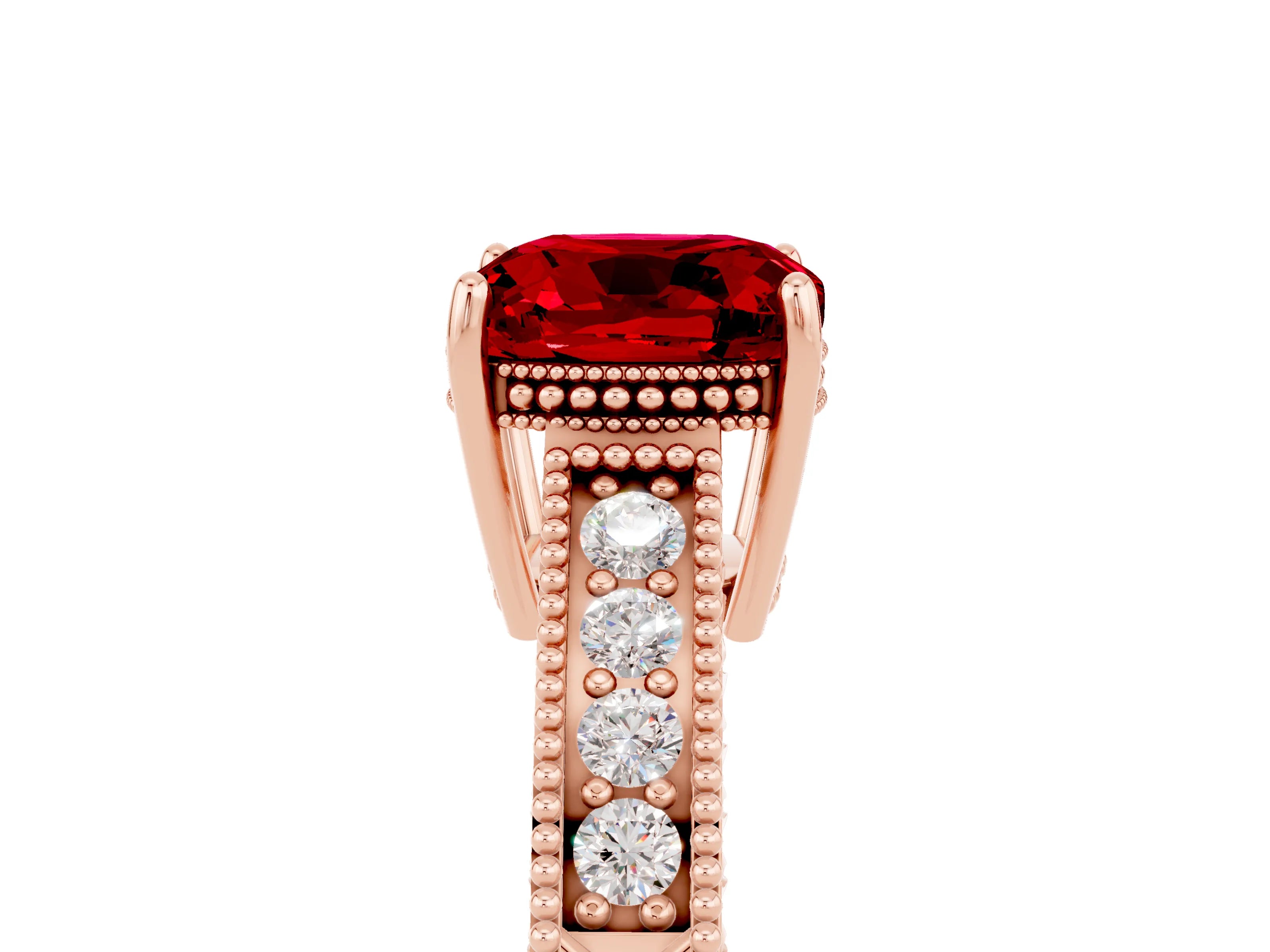 Rose gold Cushion Cut Ruby Ring with Milgrain Pavé Band and Four-Prong Setting_17