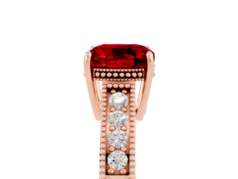 Rose gold Cushion Cut Ruby Ring with Milgrain Pavé Band and Four-Prong Setting_17